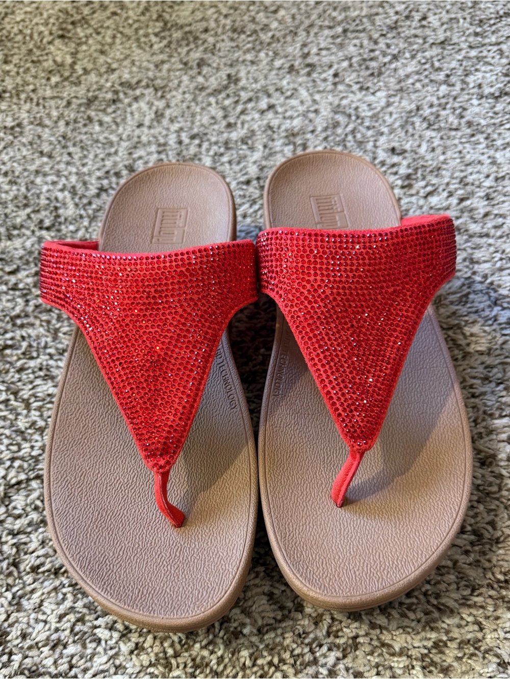 Fitflop Red Rhinestone Thong Sandals with Brown Footbed - Picture 7 of 7
